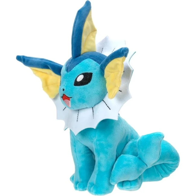 Peluche Pokémon - Peluche Aquali 20cm Peluche Pokémon Aquali officielle assise, avec un pelage bleu, une collerette blanche en éventail, des oreilles jaunes et une grande queue ondulée.