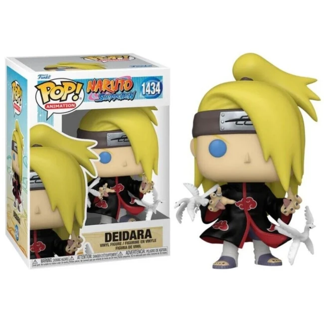 Figurine Funko Pop Deidara de la série Naruto Shippuden, numéro 1434, représentant Deidara en tenue Akatsuki avec des oiseaux en argile explosifs, boîte d'emballage visible.