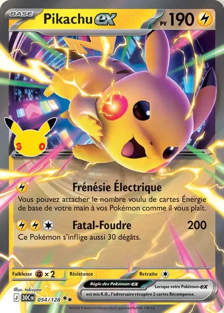 Recto de la carte Pokémon Pikachu ex 054/128, 30e Anniversaire, en français
