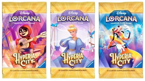 Illustrations des boosters Hyperia City en français : Miguel, Cendrillon et Dingo Illustrations des boosters Hyperia City en français : Miguel, Cendrillon et Dingo