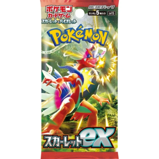 Le booster Pokémon SV1S - Scarlet ex (スカーレットex) du bloc Scarlet & Violet contient 5 cartes aléatoires, mettant en avant Koraidon, la mascotte légendaire de Pokémon Écarlate, et introduisant les nouvelles mécaniques des cartes Pokémon-ex de cette génératio