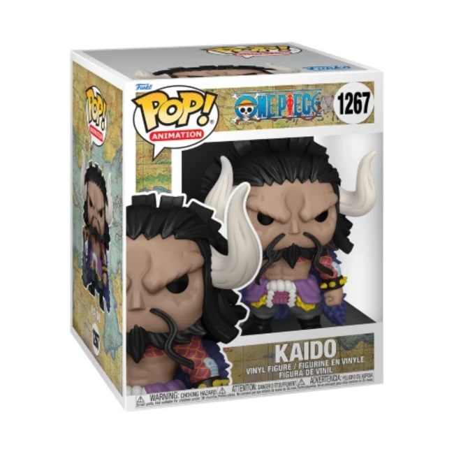 Funko Pop! de Kaido de One Piece en version humaine, figurine en boîte avec cornes blanches, moustache noire et tenue de guerrier.
