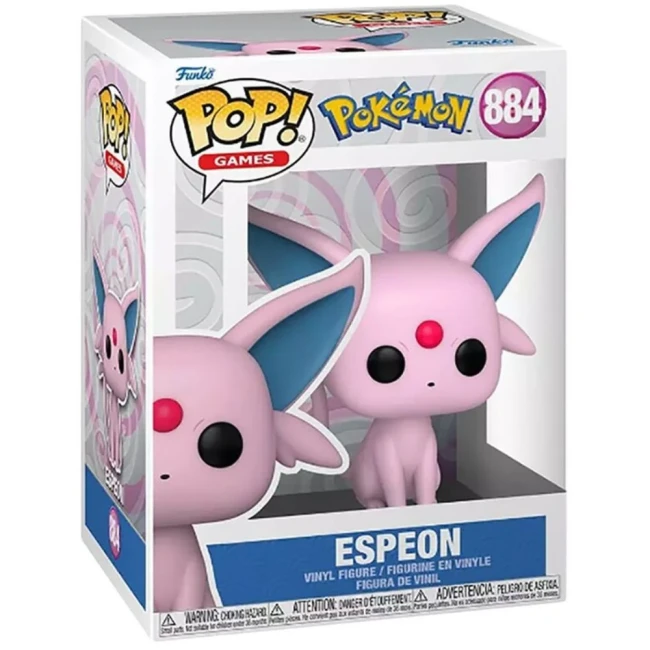 Figurine Funko Pop Pokémon Mentali, numéro 884, représentant le Pokémon de type Psy avec son pelage rose élégant, ses grandes oreilles bleues et son joyau rouge sur le front, dans une boîte officielle.