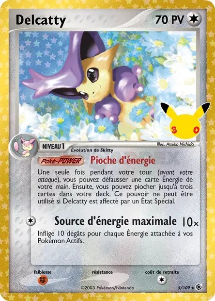 Delcatty 5/109 – Pokémon 30e Anniversaire FR Recto de la carte Pokémon Delcatty 5/109, 30e Anniversaire, en français – réédition Collection Classique