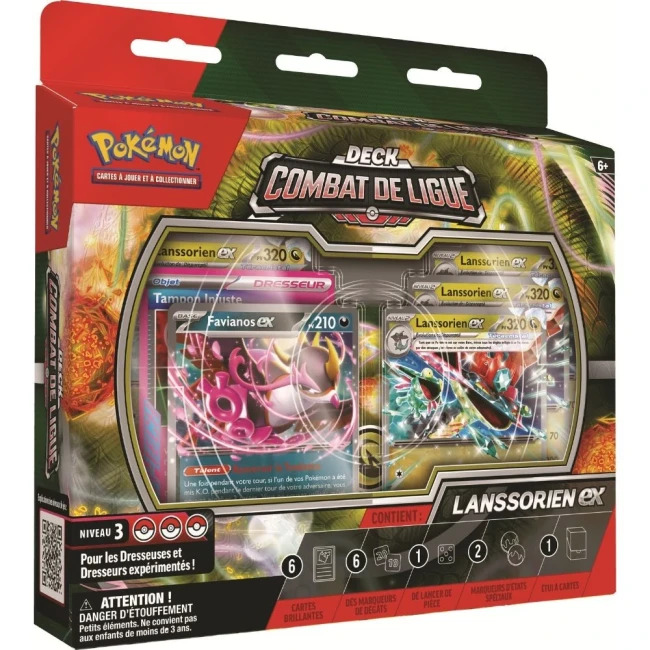 Pokémon JCC : Deck Combat de Ligue Lanssorien-ex - FR Vue inclinée du Deck Combat de Ligue Lanssorien-ex, illustrant le packaging détaillé et le contenu visible à travers la boîte.