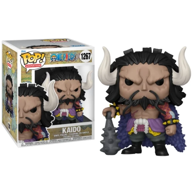 Funko Pop! de Kaido en version humaine de One Piece, figurine imposante avec cornes, masse à pointes et tenue détaillée, exposée avec sa boîte.