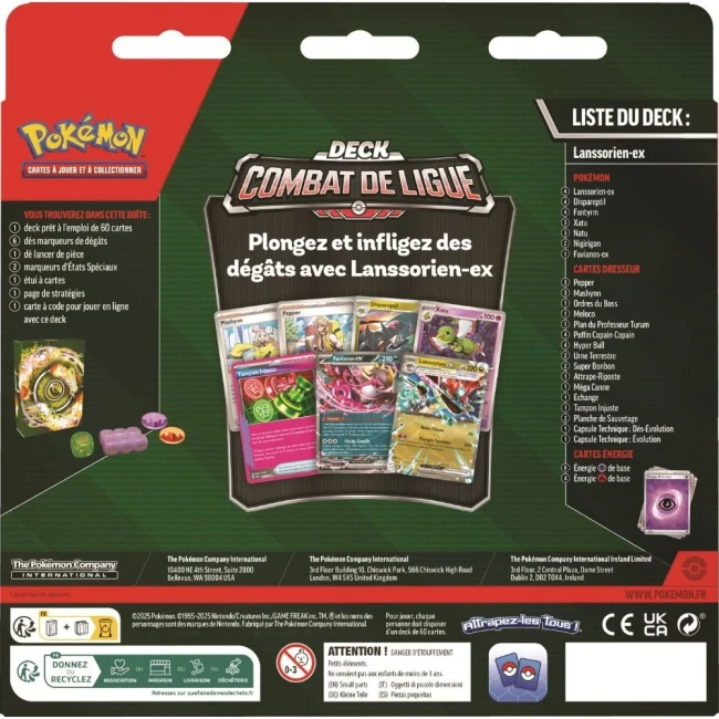 Pokémon JCC : Deck Combat de Ligue Lanssorien-ex - FR Dos de la boîte du Deck Combat de Ligue Lanssorien-ex, affichant la liste des cartes incluses et le contenu détaillé du deck pour les joueurs du JCC Pokémon.