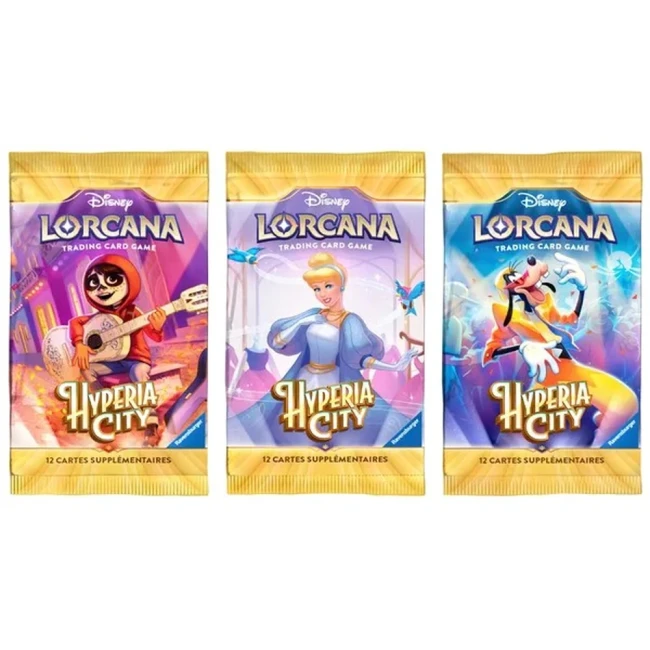 Illustrations des boosters Hyperia City en français : Miguel, Cendrillon et Dingo