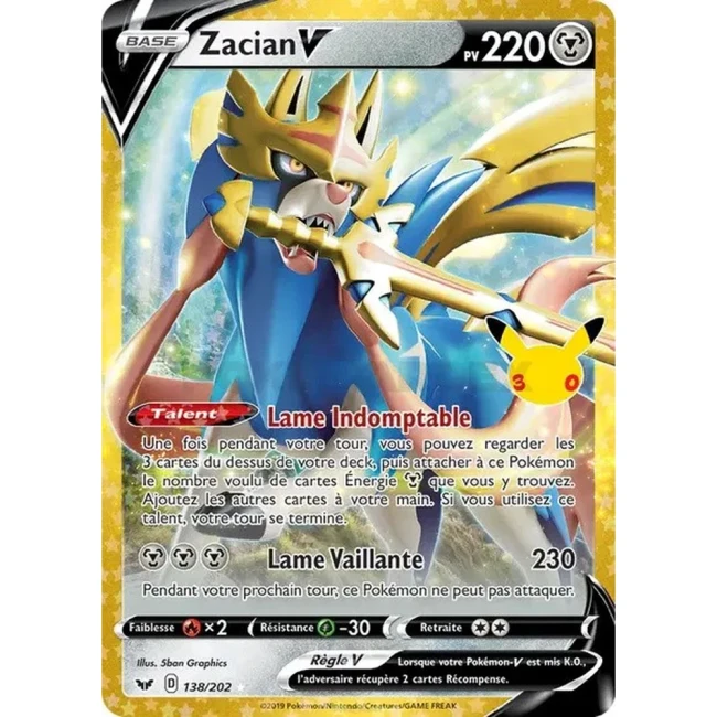 Carte Pokémon Zacian V 138/202 – 30e Anniversaire FR – Collection Classique