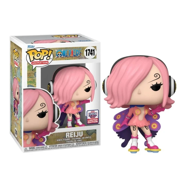 ONE PIECE - POP N°1741 - Reiju "Funkon Convention" Funko Pop! de Reiju de One Piece, figurine avec cheveux roses, ailes violettes et tenue rose, exposée avec sa boîte édition limitée.