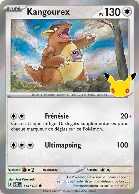 Recto de la carte Pokémon Kangourex 114/128, 30e Anniversaire, en français