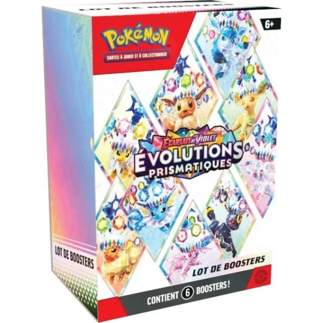Bundle Pokémon EV8.5 Évolutions Prismatiques de six boosters en français.