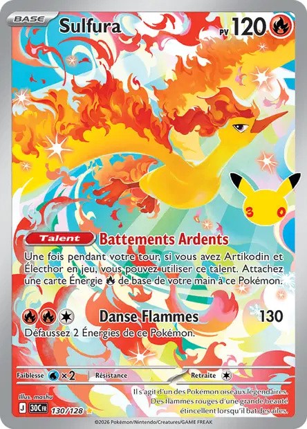 Recto de la carte Pokémon Sulfura 130/128, 30e Anniversaire, en français
