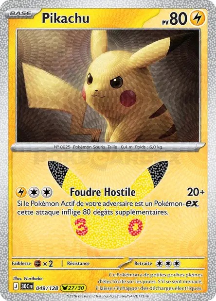 Pikachu 049/128 – Pokémon 30e Anniversaire FR Recto de la carte Pokémon Pikachu 049/128, 30e Anniversaire, en français