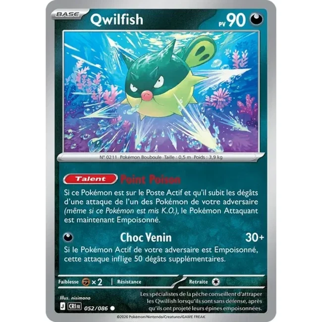 Carte Pokémon Qwilfish 52/086 - ME04 Chaos Ascendant