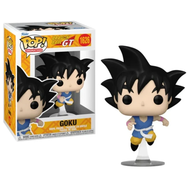 DRAGON BALL GT - Figurine Funko POP N° 1626 - Goku Figurine Funko Pop Goku de Dragon Ball GT, numéro 1626, avec son emballage visible à côté. Goku est représenté avec ses cheveux noirs en pics, portant son uniforme bleu traditionnel avec une ceinture blanche et des bottes jaunes, en position dynamique ave
