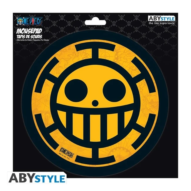 Tapis de souris rond One Piece Skull Law, emblème jaune et noir