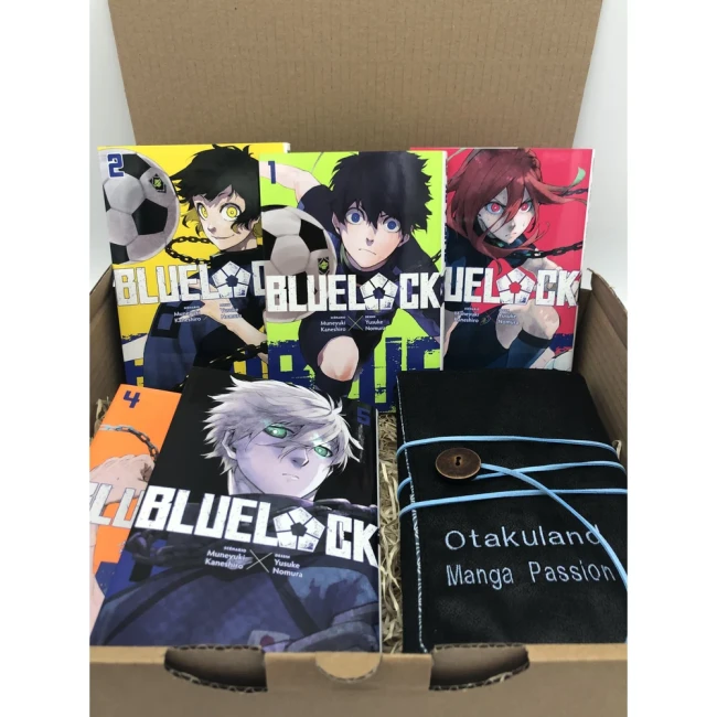 Box Blue Lock avec mangas et protections noires à liseré bleu.