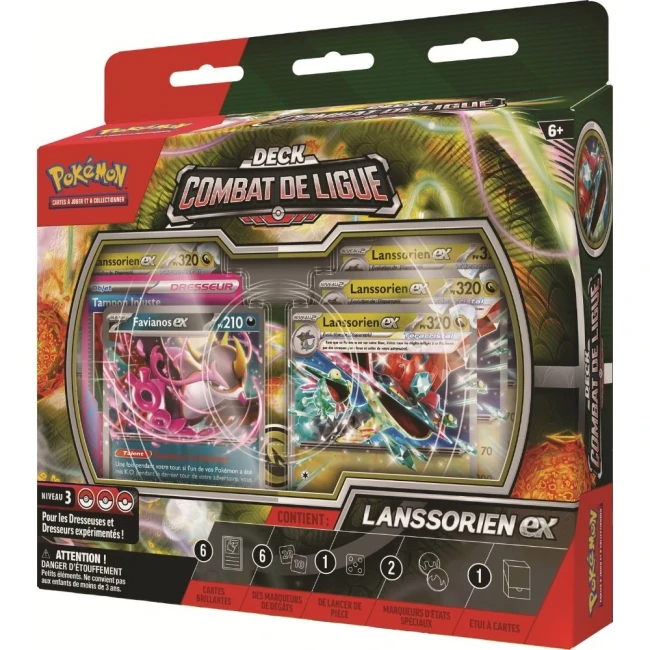 Pokémon JCC : Deck Combat de Ligue Lanssorien-ex - FR Vue latérale du Deck Combat de Ligue Lanssorien-ex, mettant en avant le packaging et le contenu du coffret Pokémon JCC avec ses cartes et accessoires.