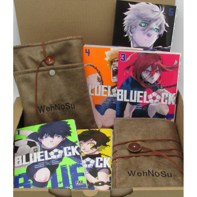 Mangas Blue Lock présentés avec une pochette et une couverture en tissu brun brodé.