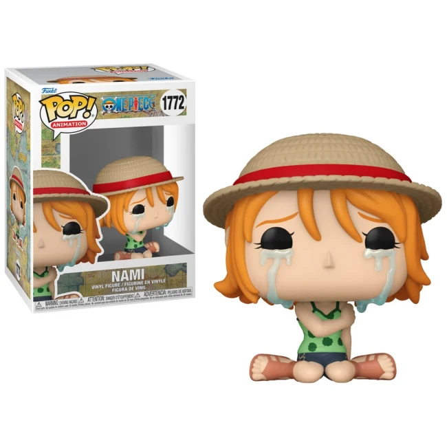 Figurine Funko Pop Nami de la série One Piece, numéro 1772, montrant un moment émotionnel avec larmes, en tenue estivale avec boîte d'emballage visible.