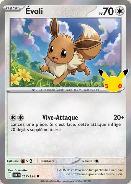 Évoli 117/128 – Pokémon 30e Anniversaire FR Recto de la carte Pokémon Évoli 117/128, 30e Anniversaire, en français