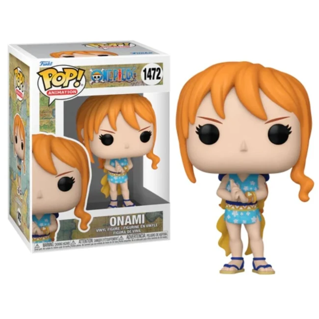 One Piece - Figurine Funko POP N° 1472 - Nami (Onami) Figurine Funko Pop Onami de One Piece, numéro 1472, avec son emballage visible à côté. Onami est représentée avec ses cheveux orange, portant une tenue bleue décorée de motifs floraux, et adoptant une posture confiante.