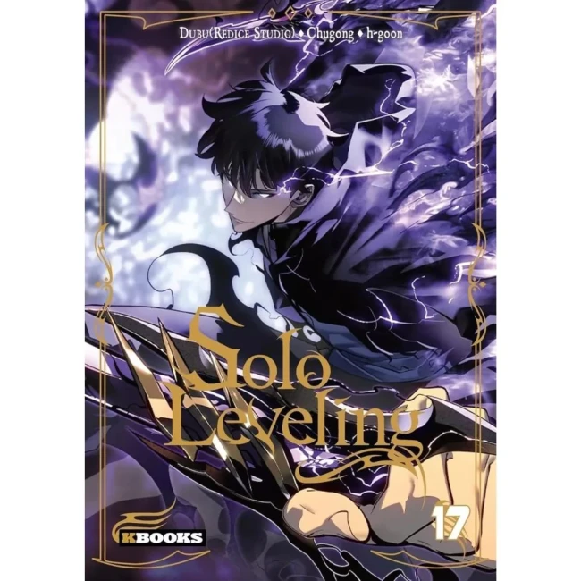 Couverture du tome 17 de Solo Leveling, mettant en scène Jinwoo dans une pose dynamique entouré d’aura sombre et d’éclairs violets, avec un design épique et détaillé.