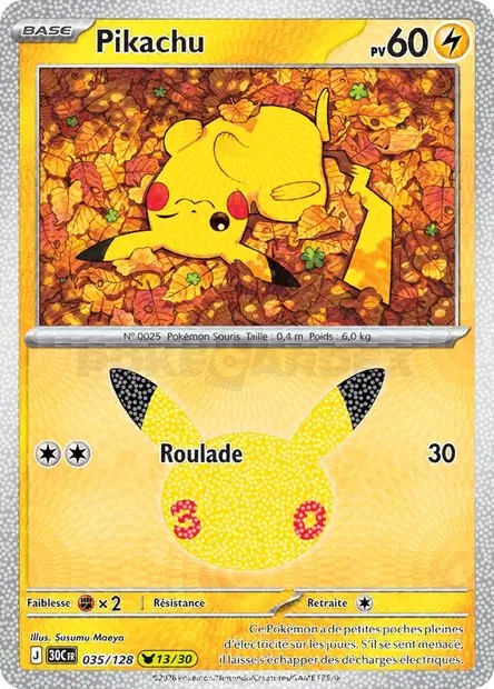 Recto de la carte Pokémon Pikachu 035/128, 30e Anniversaire, en français