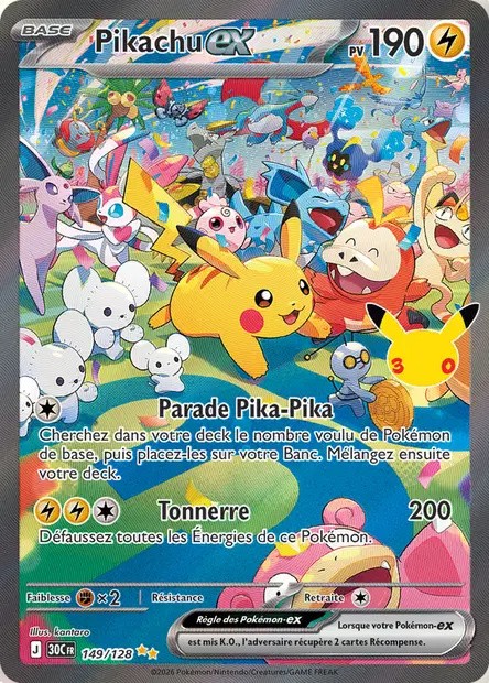 Recto de la carte Pokémon Pikachu ex 149/128, 30e Anniversaire, en français
