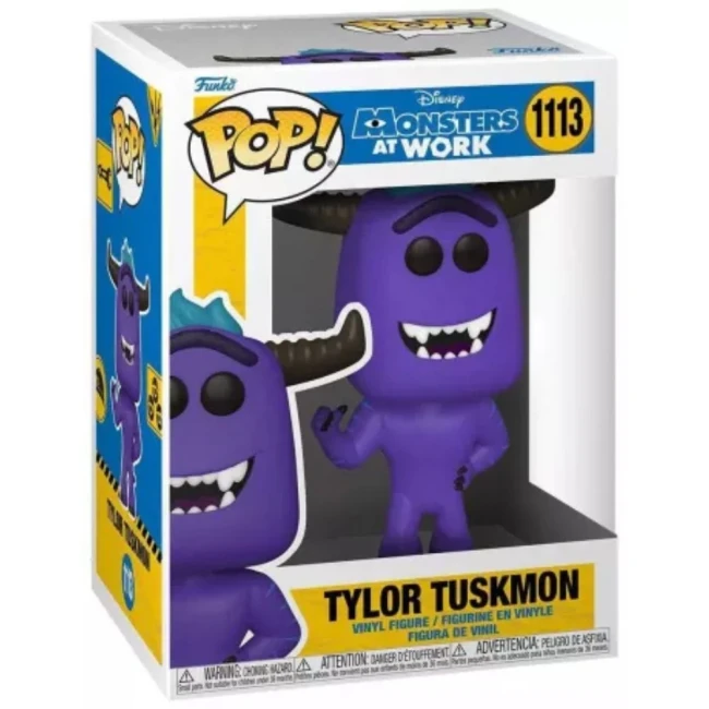 Figurine Funko Pop Tylor Tuskmon, numéro 1113, issue de la collection Monsters at Work de Disney, représentant un monstre violet avec des cornes noires, dans une boîte d'emballage officielle.