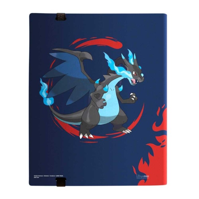 Dos du classeur Pokémon avec illustration de Méga-Dracaufeu X sur fond bleu
