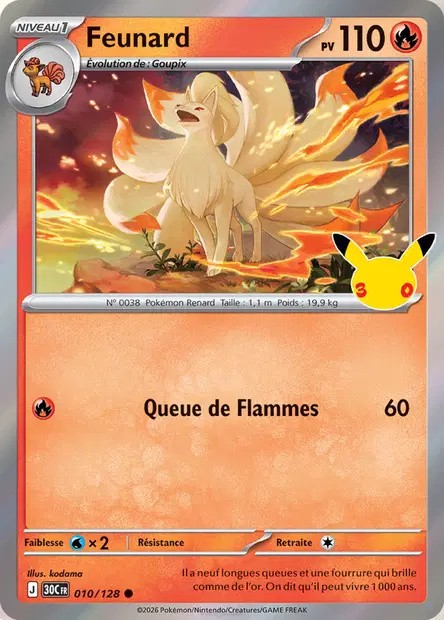 Recto de la carte Pokémon Feunard 010/128, 30e Anniversaire, en français