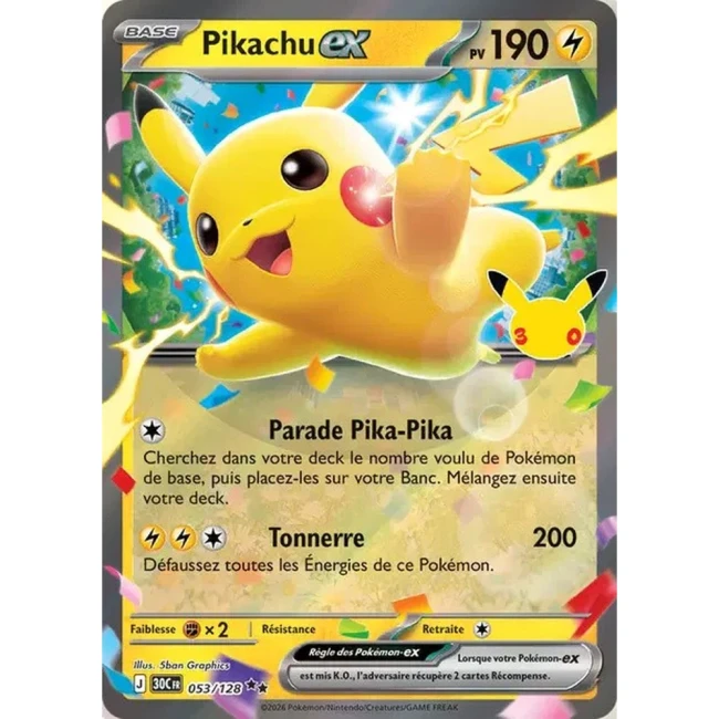 Carte Pokémon Pikachu ex 053/128 – 30e Anniversaire FR