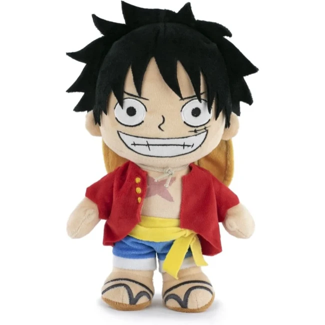 Peluche Luffy ONE PIECE - 28 cm Peluche Monkey D. Luffy de la série One Piece, portant son chapeau de paille, une veste rouge, un short bleu et une ceinture jaune.