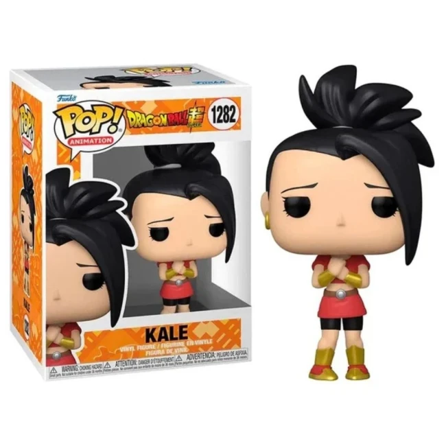 DRAGON BALL Z - Figurine Funko POP N° 1282 - Kale Figurine Funko Pop Kale de Dragon Ball Super, numéro 1282, avec son emballage visible à côté. Kale est représentée avec ses cheveux noirs coiffés en un chignon haut, portant un costume rouge et or, les bras croisés et une expression pensive.