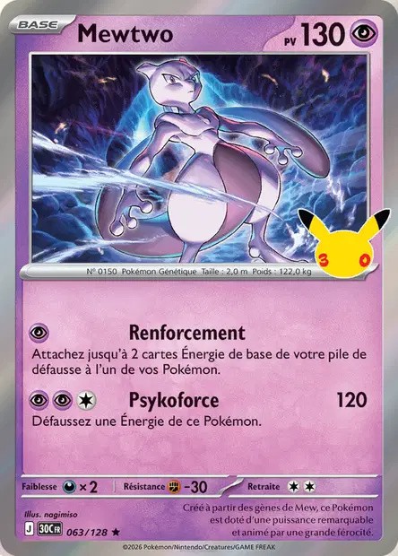 Recto de la carte Pokémon Mewtwo 063/128, 30e Anniversaire, en français