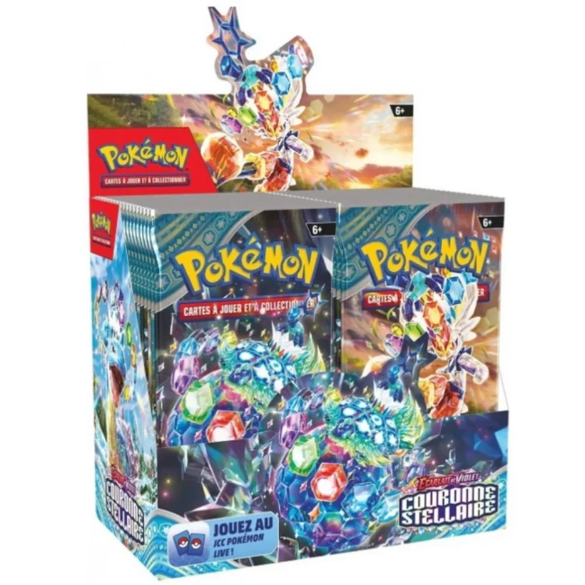 Display Pokémon Couronne et Scellée avec des boosters JCC mettant en avant des illustrations étincelantes de Pokémon ornés de joyaux.