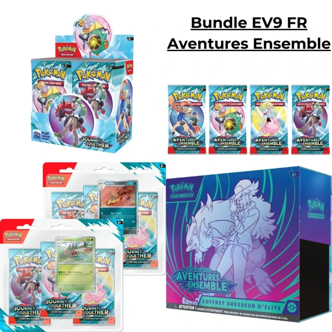 Bundle Pokémon EV9 FR - Aventures Ensemble : Plongez dans une aventure épique avec ce coffret exclusif comprenant boosters, coffret d'élite et cartes promotionnelles pour des batailles inoubliables !