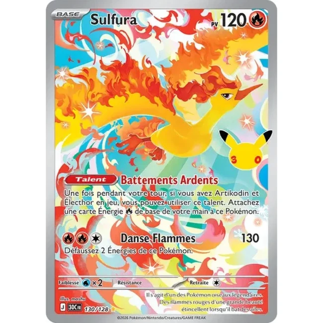 Carte Pokémon Sulfura 130/128 – 30e Anniversaire FR