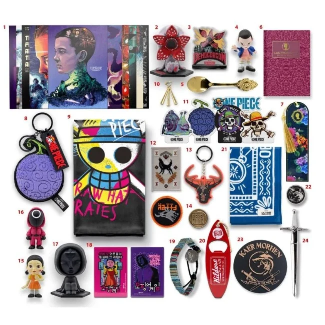 NETFLIX - Calendrier de l'avent - Coffret Cadeau 2025 Edition Contenu détaillé du coffret collector Netflix avec 24 objets inspirés de séries cultes comme Stranger Things, One Piece, Squid Game et The Witcher, incluant posters, porte-clés, pin's et gadgets.