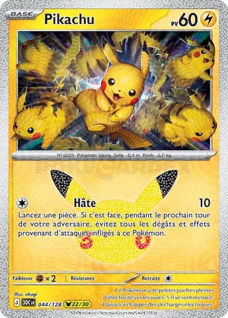 Recto de la carte Pokémon Pikachu 044/128, 30e Anniversaire, en français