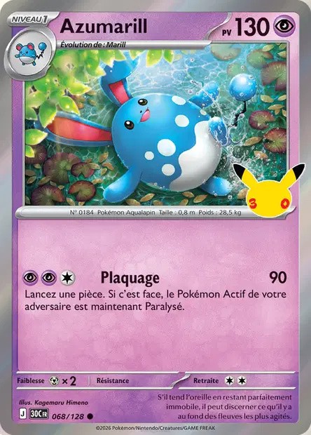 Recto de la carte Pokémon Azumarill 068/128, 30e Anniversaire, en français
