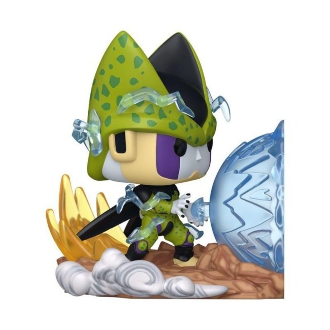 Zoom sur la figurine Perfect Cell Funko Pop avec onde de choc bleue