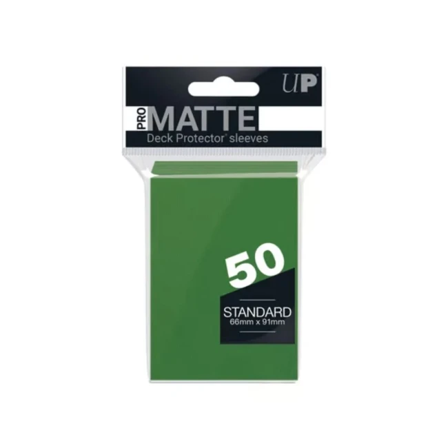 Ultra Pro - PRO-Matte Sachet de 50 protèges cartes standard Vert (66 x 91 mm) Paquet de 50 protège-cartes Ultra PRO Matte vert, format standard (66 mm x 91 mm), conçu pour protéger et prolonger la durée de vie des cartes de collection.