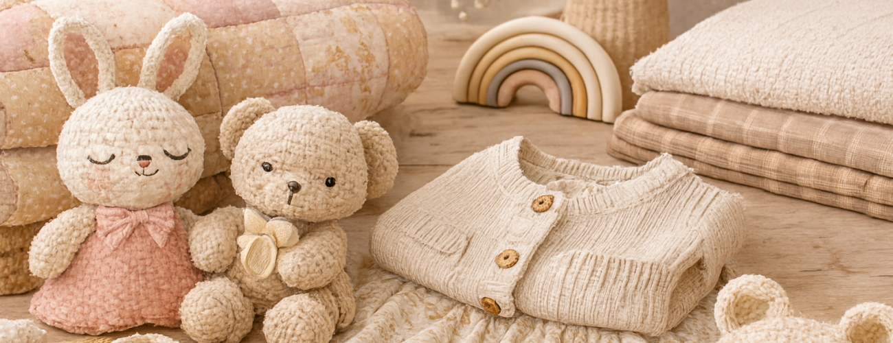 Créations artisanales pour bébés : doudous crochetés, vêtements faits main et accessoires doux sur fond naturel