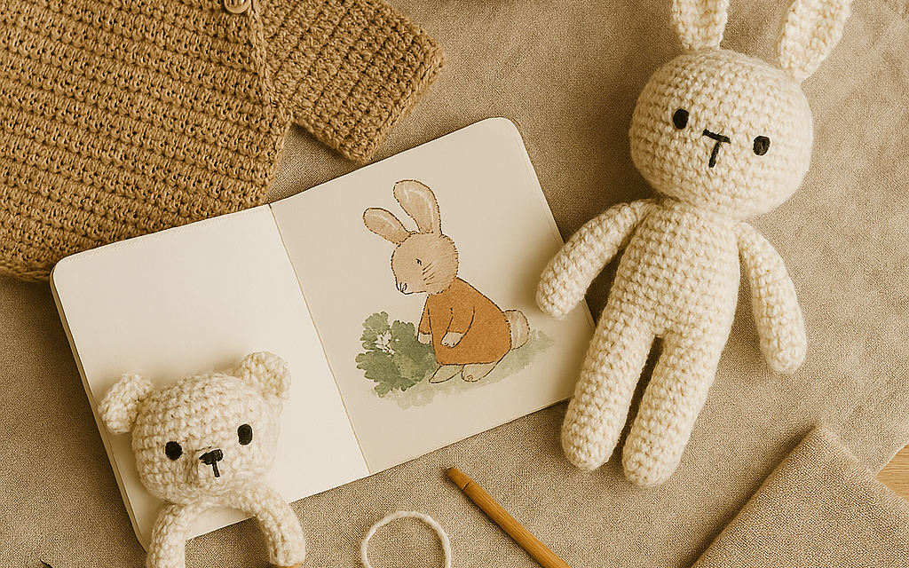 Matériel DIY pour crochet et couture : pelotes de laine, crochet, créations artisanales et carnet d’inspiration