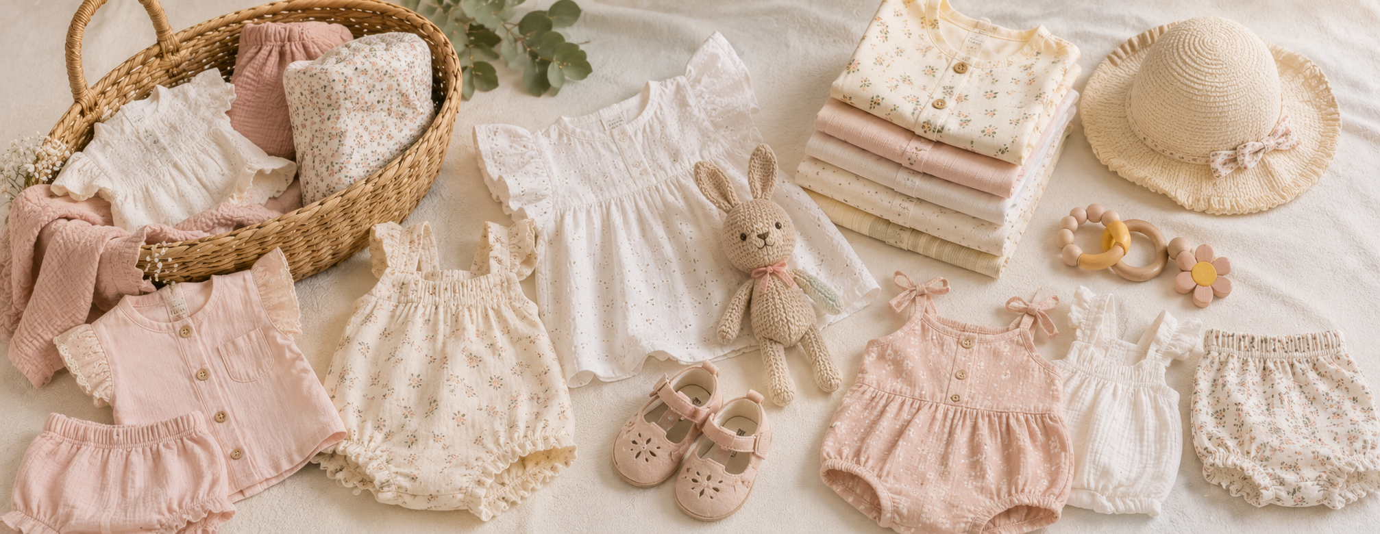 Panorama seconde main été bébé fille 0-18 mois avec vêtements légers roses, accessoires naturels et ambiance douce