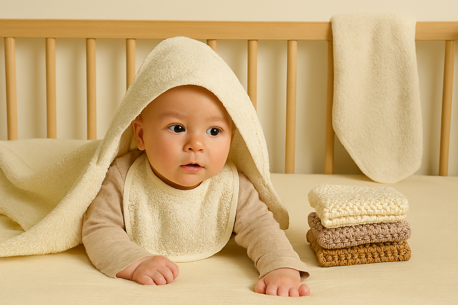 Bébé allongé dans son lit, enveloppé dans une serviette de bain et entouré de lingettes crochetées artisanales, ambiance douce et naturelle.