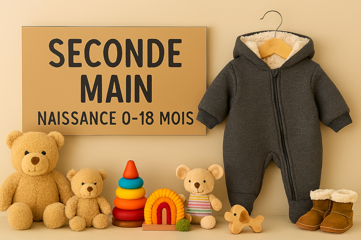 Vêtements d’hiver seconde main pour bébé 0-18 mois : combinaison chaude, bottines fourrées, peluches et jouets d’éveil sur fond beige